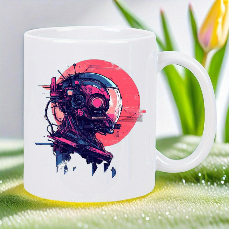 Tailorly White Ceramic 11 oz Mug - Futuristic Cyberpunk Mecha Head With Wires Floating Against Pink Sun Astronaut