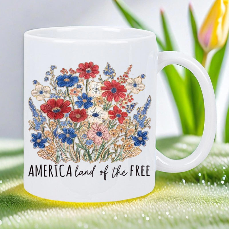 Tailorly White Ceramic 11 oz Mug - America Land Of The Free Vibrant Patriotic Wildflowers Blooming In Red White And Blue Tones Bouquet