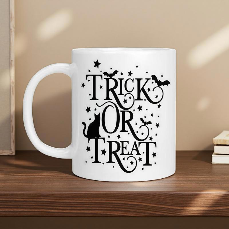 Tailorly White Ceramic 11 oz Mug - Trick Or Treat Spooky Silhouette Bats And Stars Around A Sitting Mystery Cat