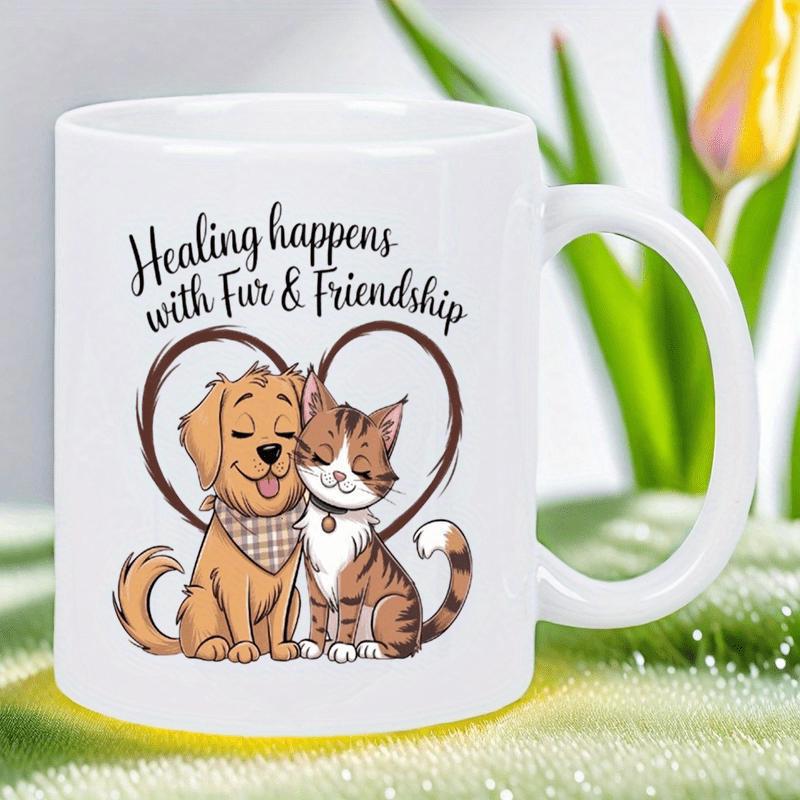 Tailorly White Ceramic 11 oz Mug - Healing Happens With Fur Friendship Cute Cartoon Dog And Cat Sitting Together Under Heart Shaped Outline Pets