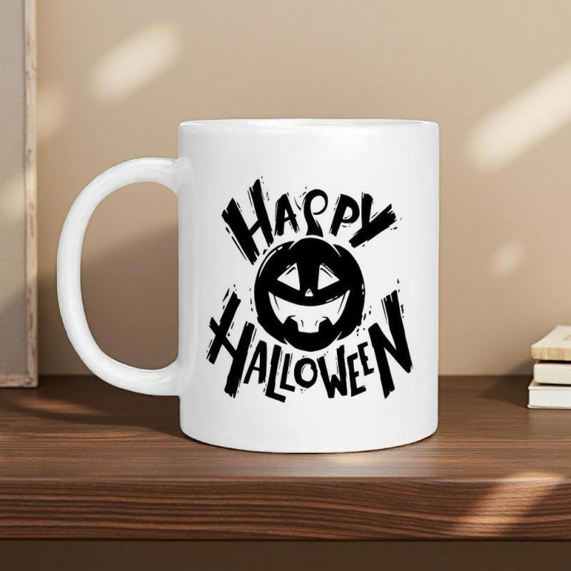 Tailorly White Ceramic 11 oz Mug - Happy Halloween Stylized Spooky Hand Drawn Black Jack O Lantern Face Pumpkin