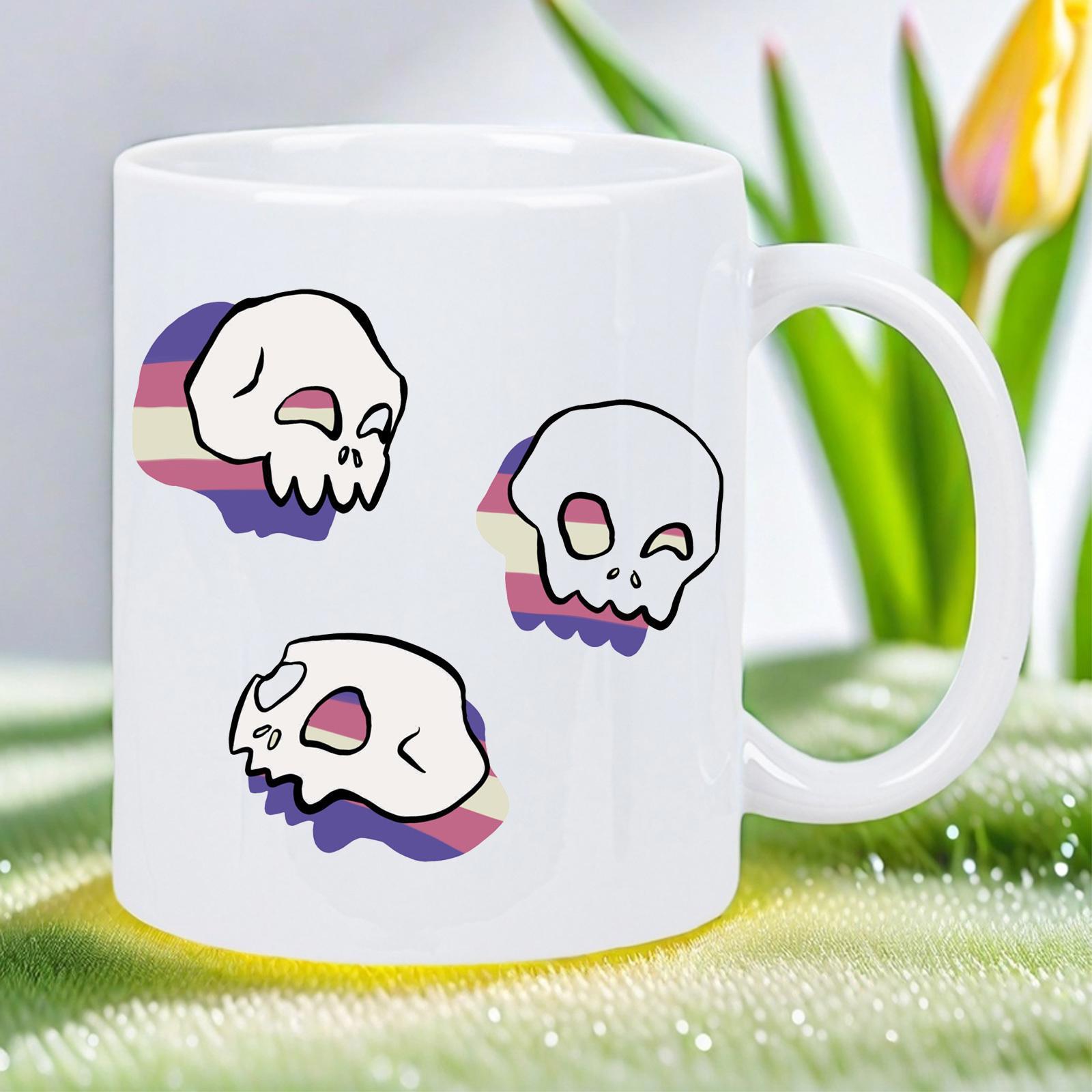 Tailorly White Ceramic 11 oz Mug - Artistic White Cartoon Skulls Resting Over Vibrant Colorful Pride Flag Stripes Skull