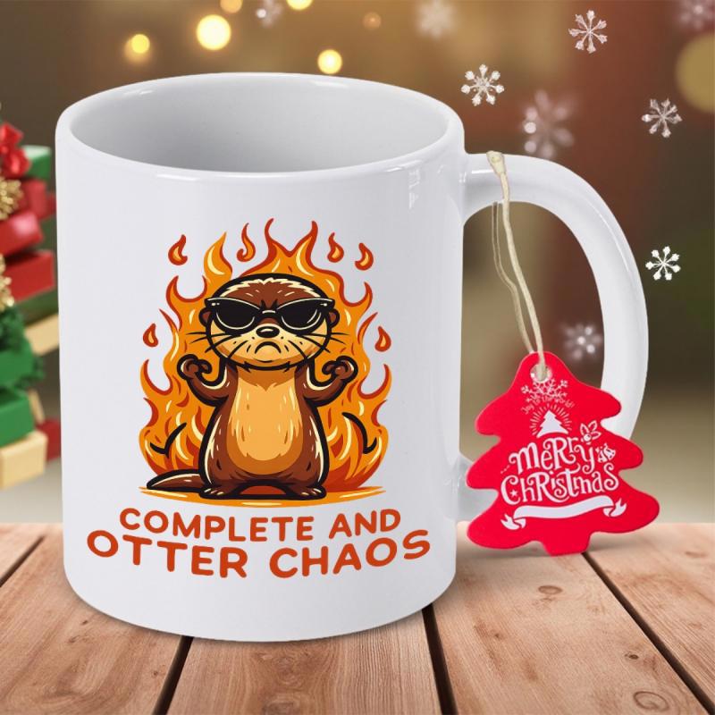 Tailorly White Ceramic 11 oz Mug - Complete And Otter Chaos Tough Little Animal With Sunglasses Standing Amidst Blazing Hot Orange Flames Otter