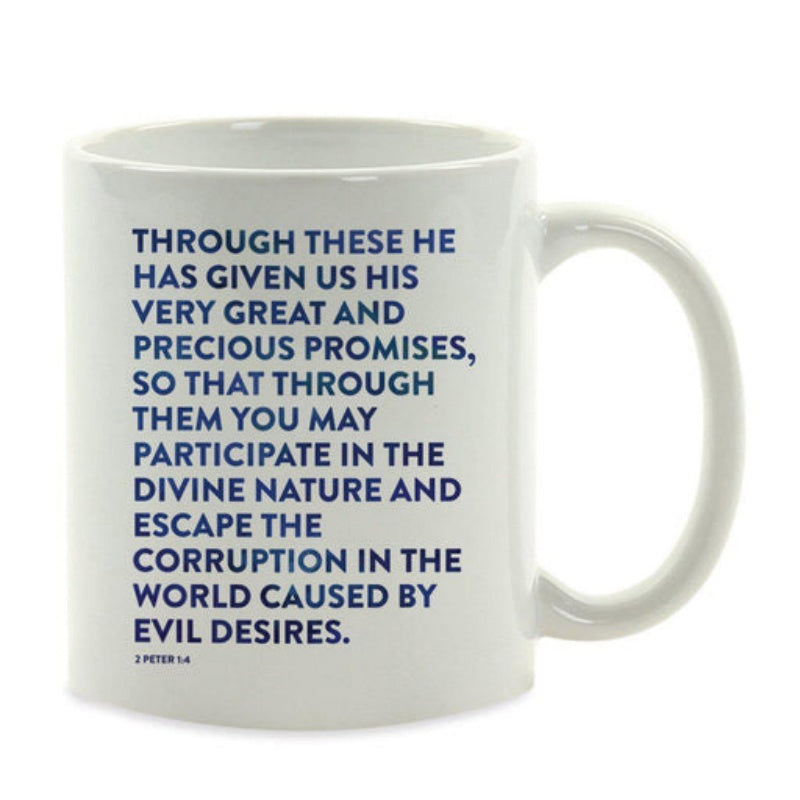 Tailorly White Ceramic 11 oz Mug - Through These He Has Given Us His Very Great And Precious Promises Minimalist Navy Blue Typography Printed On A Smooth Mug