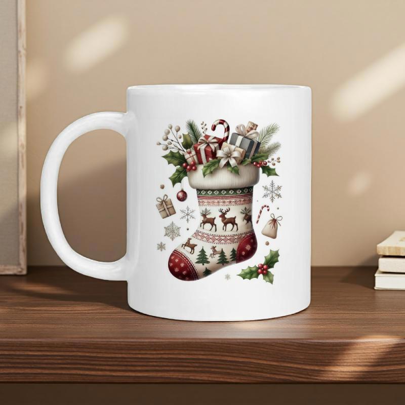 Tailorly White Ceramic 11 oz Mug - Festive Christmas Stocking Filled With Gifts And Evergreen Pine Branches Stocking