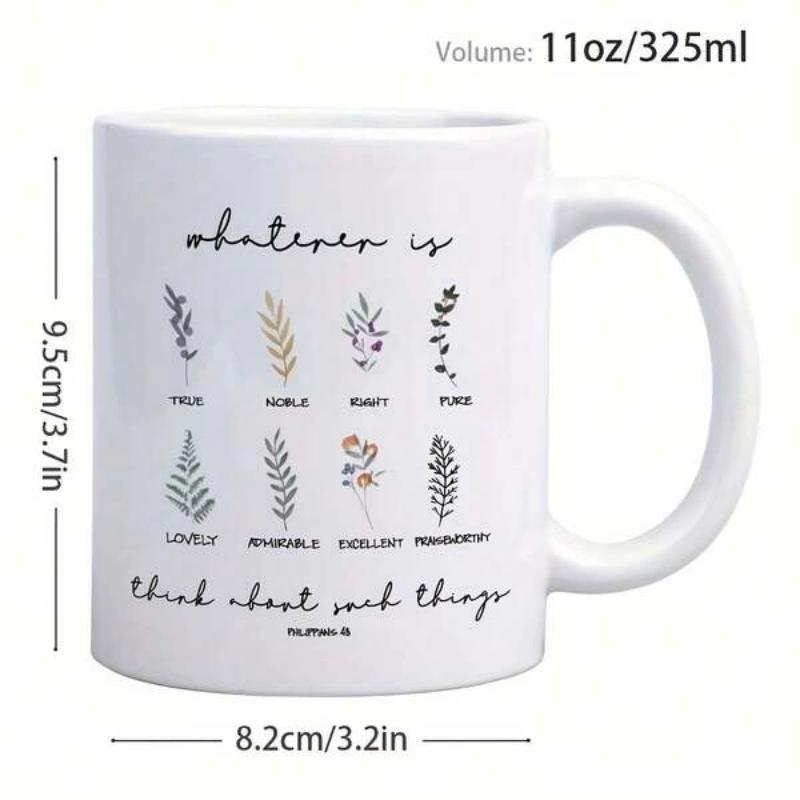 Tailorly White Ceramic 11 oz Mug - Whatever Is True Think About Such Things Philippians 4 8 Delicate Hand Drawn Botanical Sketches Arranged In Systematic Rows Leaf