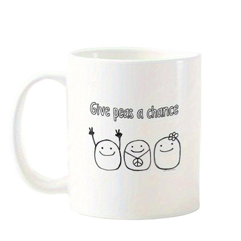 Tailorly White Ceramic 11 oz Mug - Give Peas A Chance Three Simple Hand Drawn Cartoon Legumes Promoting Peace And Love Pea