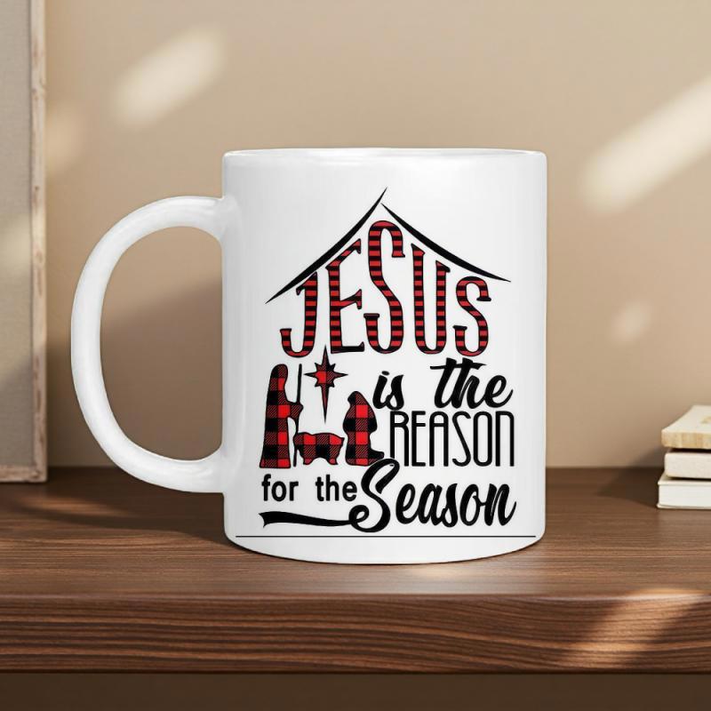 Tailorly White Ceramic 11 oz Mug - Jesus Is The Reason For The Season Festive Nativity Scene With Buffalo Plaid Pattern Silhouettes Nativity