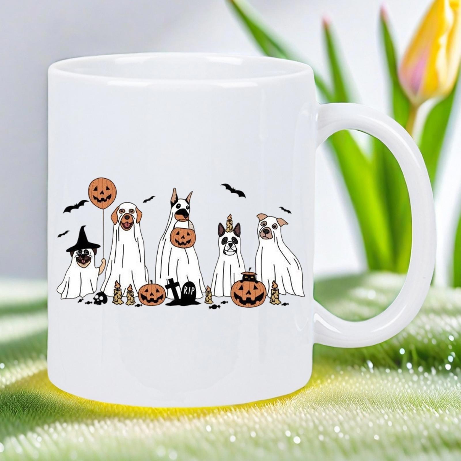 Tailorly White Ceramic 11 oz Mug - Spooky Halloween Puppies Wearing Ghost Costumes Among Pumpkins And Flying Bats Dogs