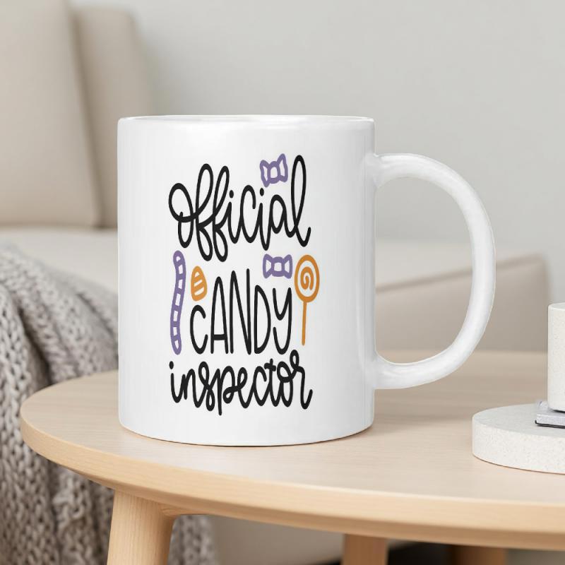 Tailorly White Ceramic 11 oz Mug - Official Candy Inspector Playful Hand Lettered Design With Wrapped Sweets And Colorful Lollipop Art