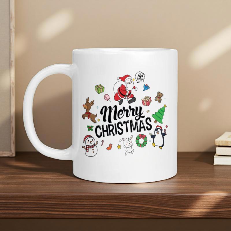 Tailorly White Ceramic 11 oz Mug - Merry Christmas Festive Icons Including Santa Claus And Reindeer Illustrations Mug