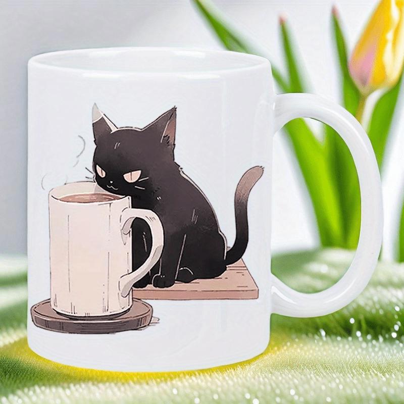 Tailorly White Ceramic 11 oz Mug - Grumpy Black Kitten Resting Near Steaming Hot Cup Of Morning Coffee Cat