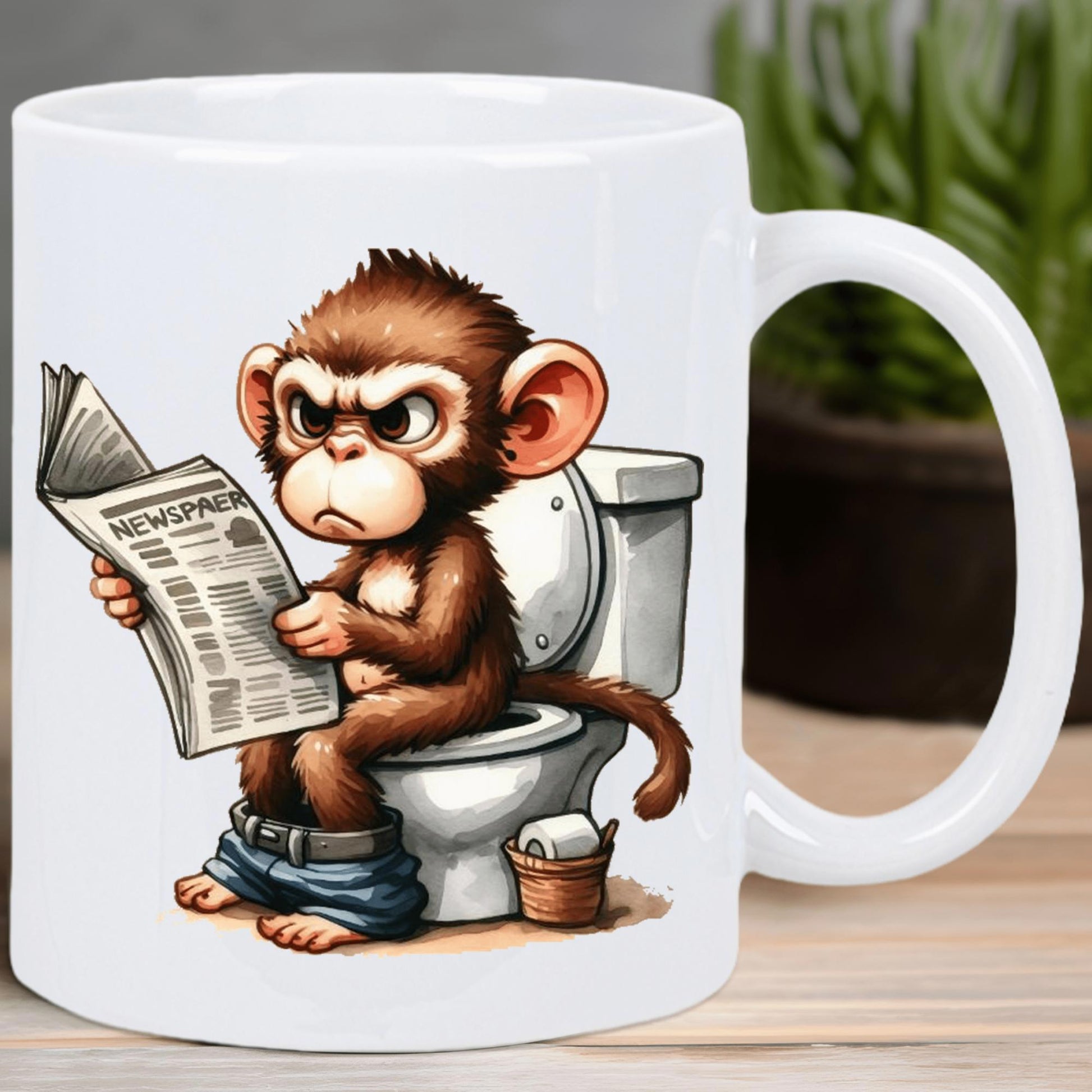 Tailorly White Ceramic 11 oz Mug - Newspaper Grumpy Brown Creature Sitting On A Toilet Holding A Classic Daily Monkey