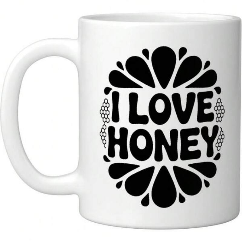 Tailorly White Ceramic 11 oz Mug - I Love Honey Stylized Droplet Frame With Decorative Honeycomb Textures Surrounding Bold Text Mug