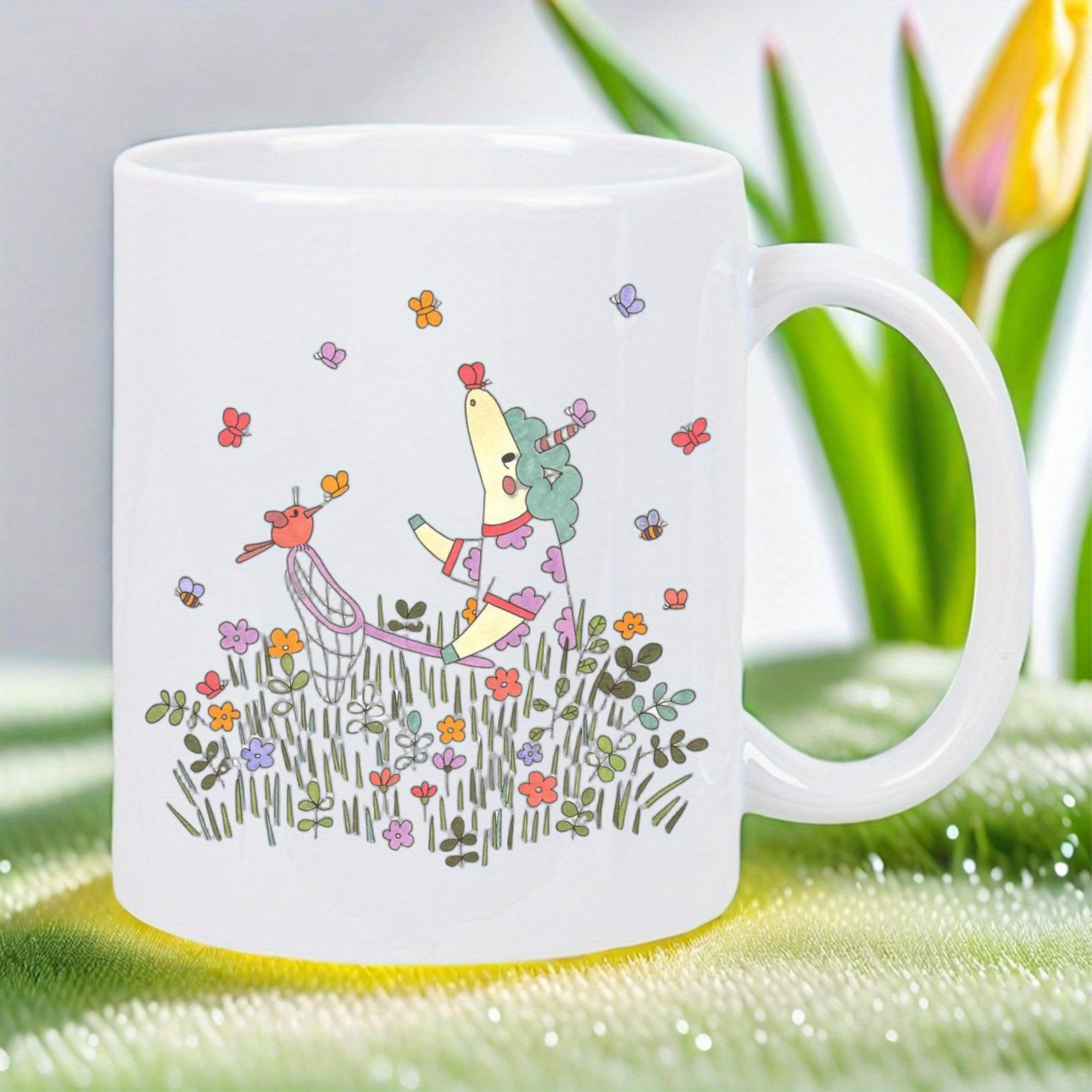 Tailorly White Ceramic 11 oz Mug - Whimsical Character Resting In Colorful Spring Flower Meadow With Butterflies Dog