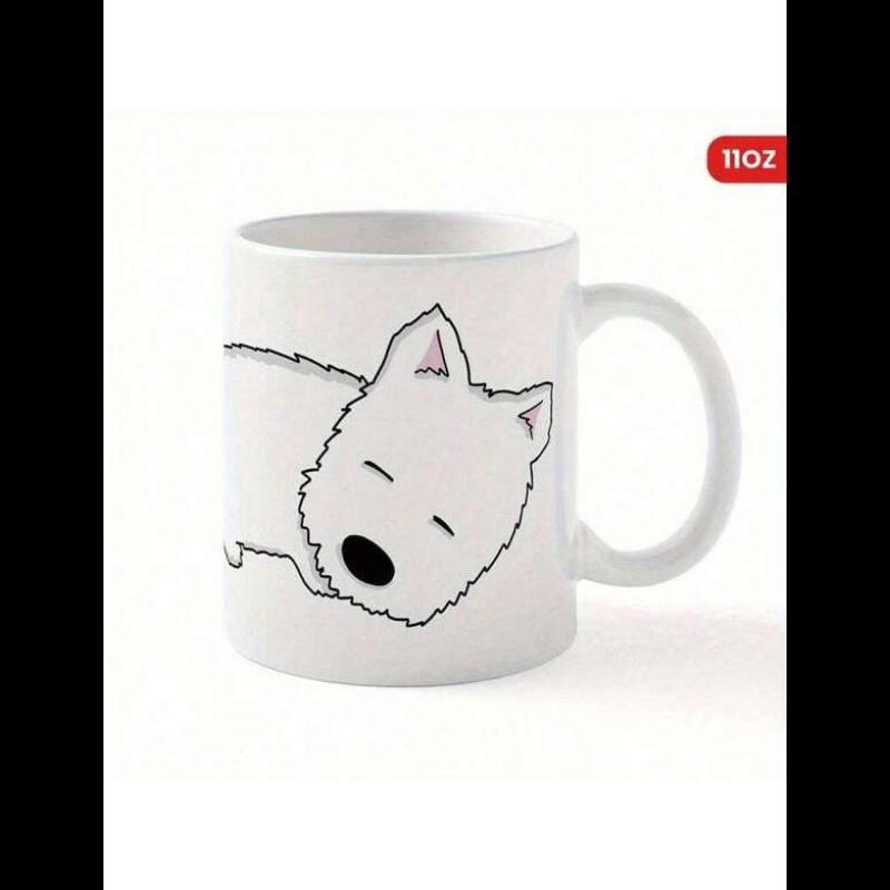 Tailorly White Ceramic 11 oz Mug - Adorable Resting White Puppy With Cute Minimalist Outlines In Calm Atmosphere Dog