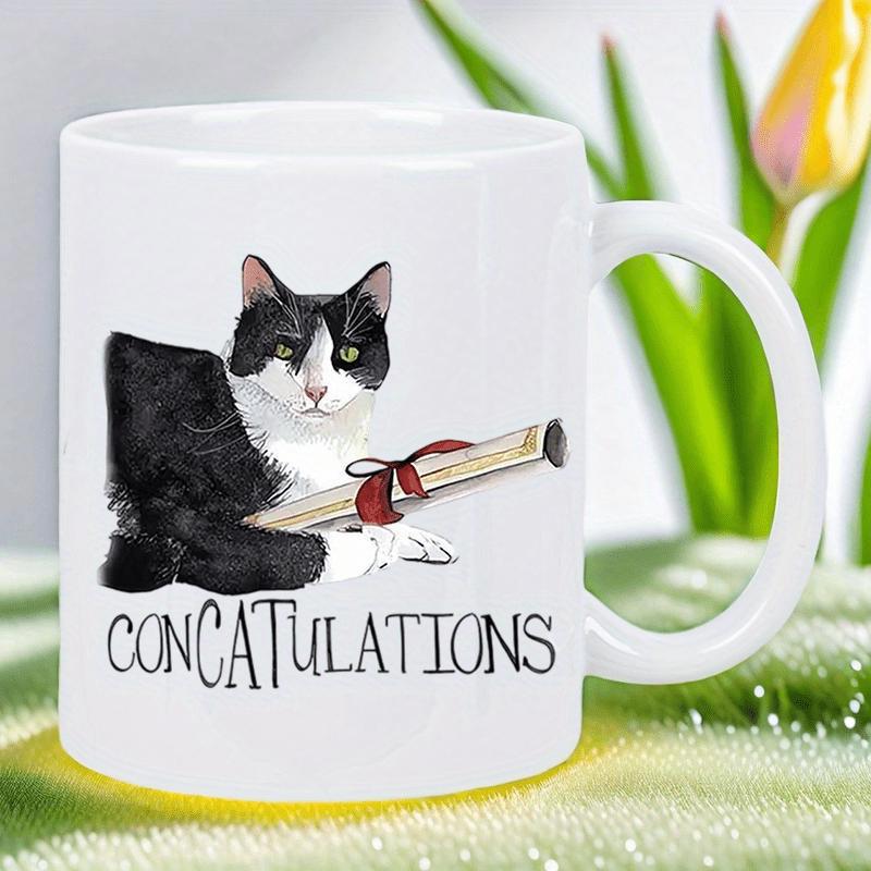 Tailorly White Ceramic 11 oz Mug - CONCATULATIONS Charming Tuxedo Feline Holding A Graduation Diploma With A Red Ribbon Cat