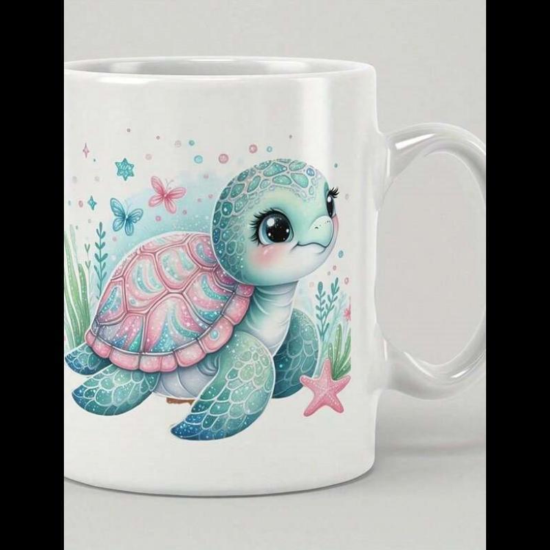 Tailorly White Ceramic 11 oz Mug - Cute Pastel Ocean Life With Starfish And Seaweed Baby Turtle
