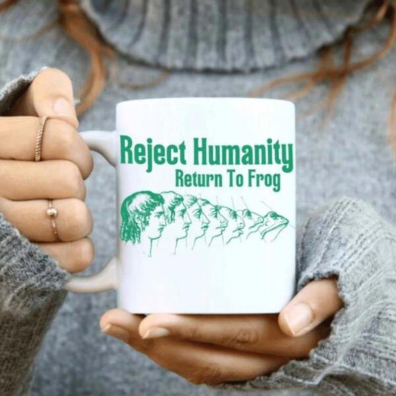 Tailorly White Ceramic 11 oz Mug - Reject Humanity Return To Frog Green Evolution Sequence Transitioning From Female Human Profile To Aquatic Frog