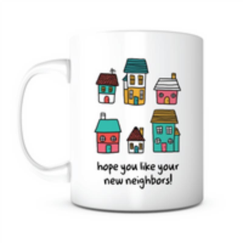 Tailorly White Ceramic 11 oz Mug - Hope You Like Your New Neighbors Colorful Hand Drawn Small Cottages Arranged In Rows House