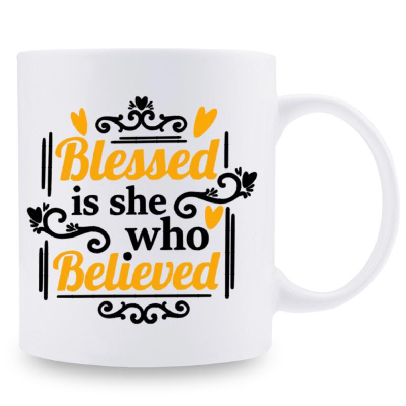 Tailorly White Ceramic 11 oz Mug - Blessed Is She Who Believed Elegant Black Ornate Scrolls And Golden Hearts Framing Religious Scripture
