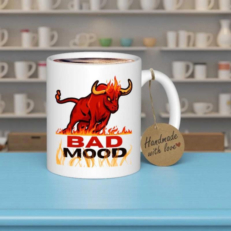 Tailorly White Ceramic 11 oz Mug - Bad Mood Powerful Red Muscular Creature Charging Through Blazing Hot Glowing Fire Bull