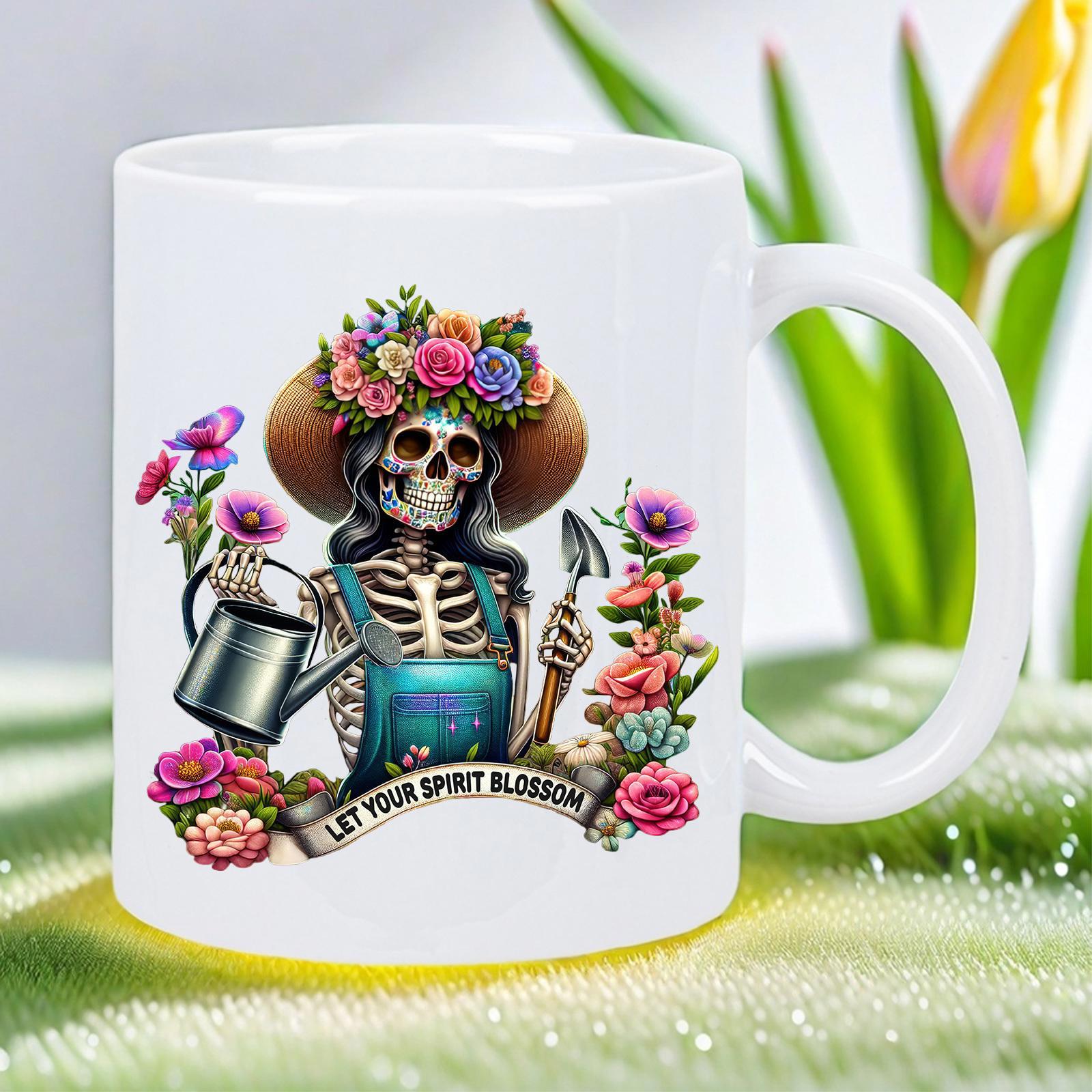 Tailorly White Ceramic 11 oz Mug - Let Your Spirit Blossom Vibrant Flower Crown Wearing Gardener Among Blooming Colorful Flowers Skeleton