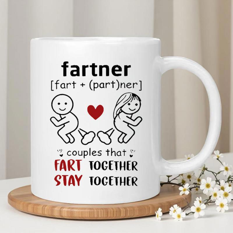 Tailorly White Ceramic 11 oz Mug - Fartner Couples That Fart Together Stay Together Two Cute Stick Figures Farting With A Small Red Heart Mug