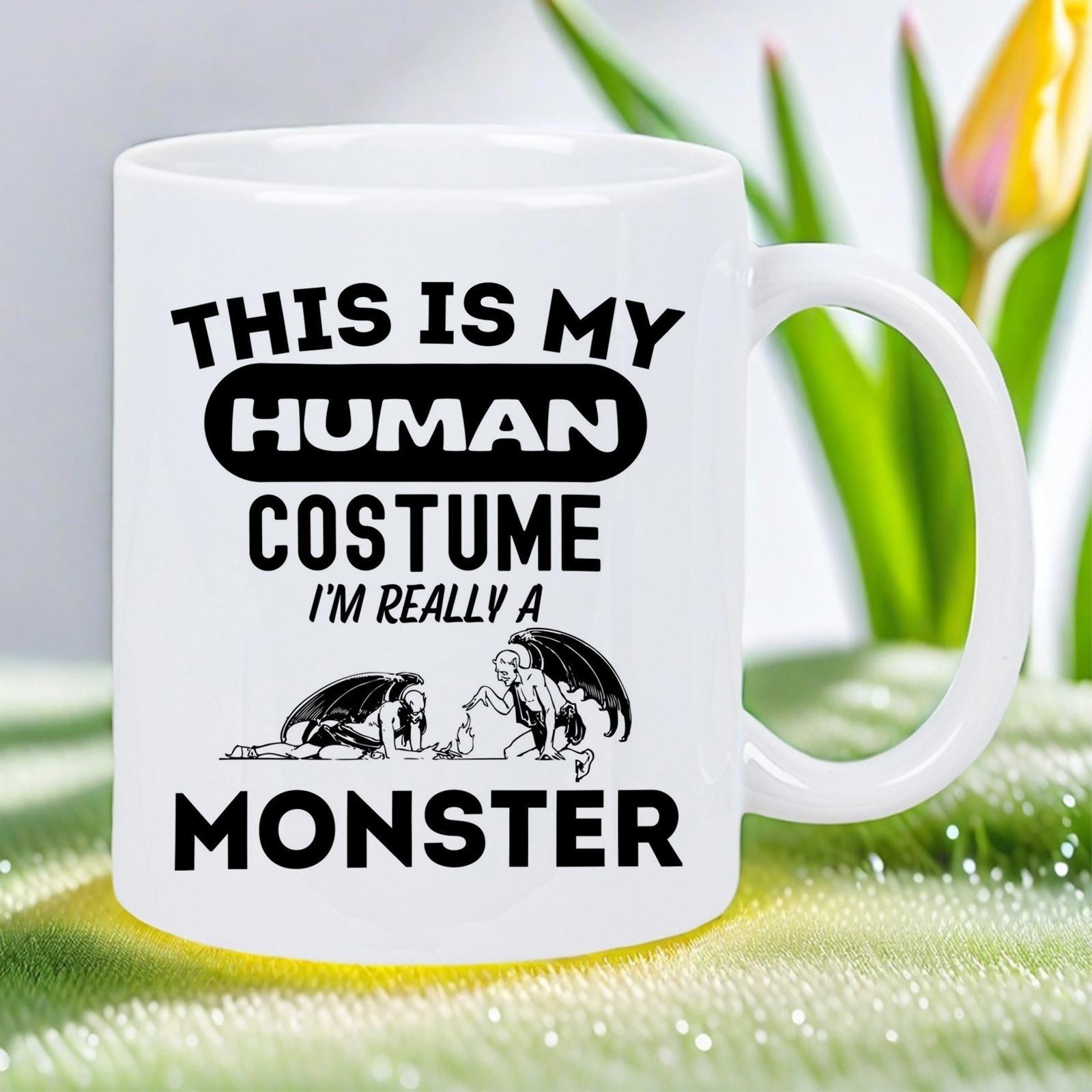 Tailorly White Ceramic 11 oz Mug - This Is My Human Costume Im Really A Gothic Winged Creatures Resting Among Bold Classic Typography Design Monster