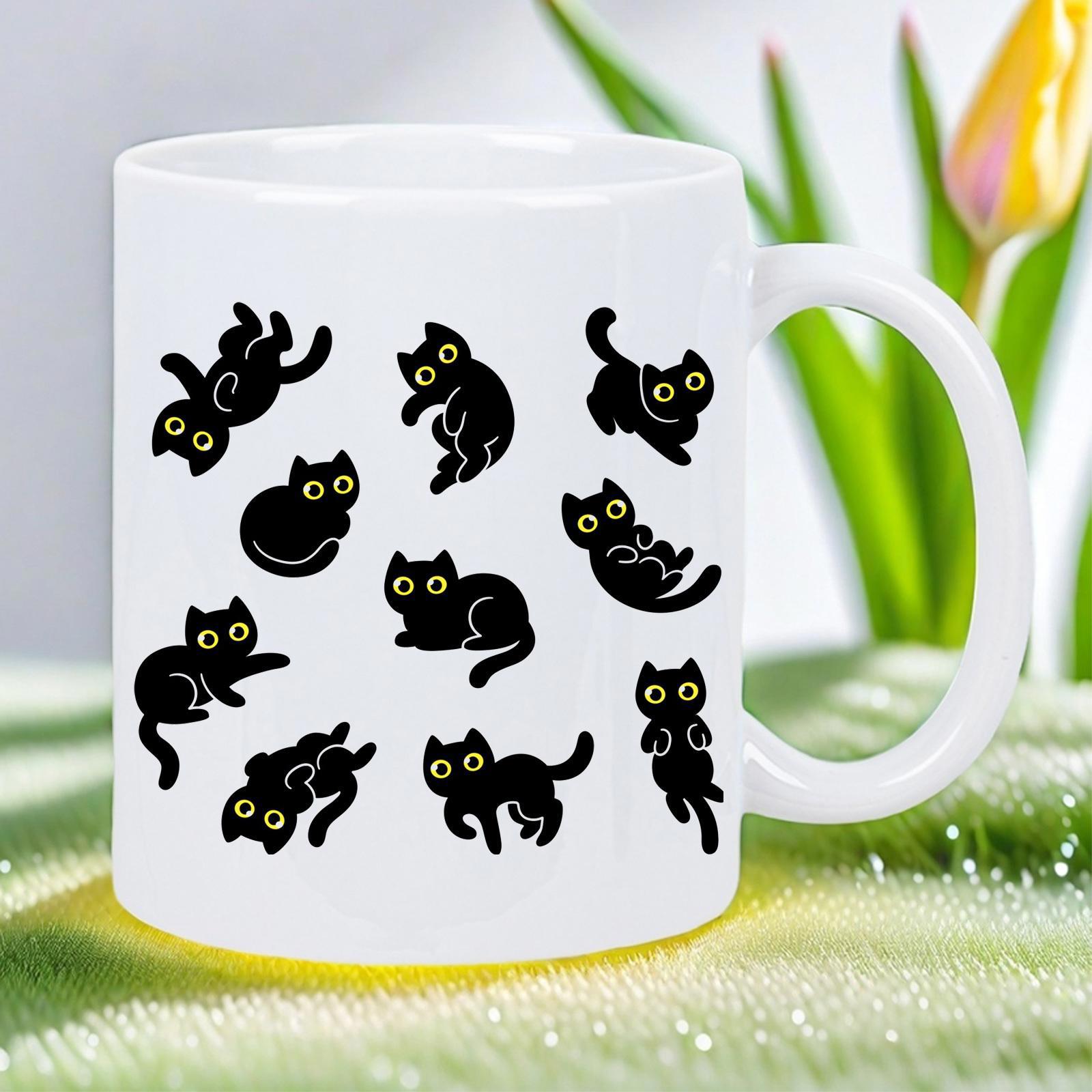 Tailorly White Ceramic 11 oz Mug - Playful Hand Drawn Small Black Kittens In Various Sitting And Stretching Poses Cat