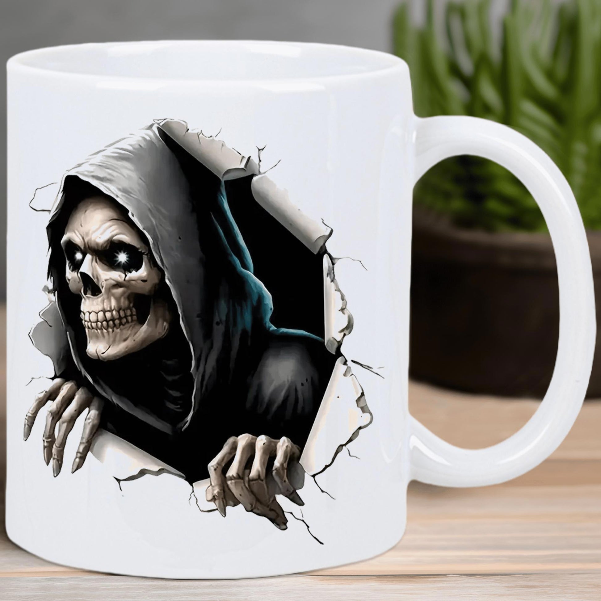 Tailorly White Ceramic 11 oz Mug - Dark Hooded Figure With Skeletal Hands Tearing Through Broken Surface Reaper