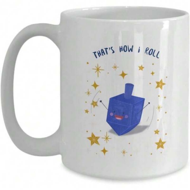 Tailorly White Ceramic 11 oz Mug - Thats How I Roll Cute Blue Cartoon Character Spinning Among Sparkling Golden Stars Dreidel