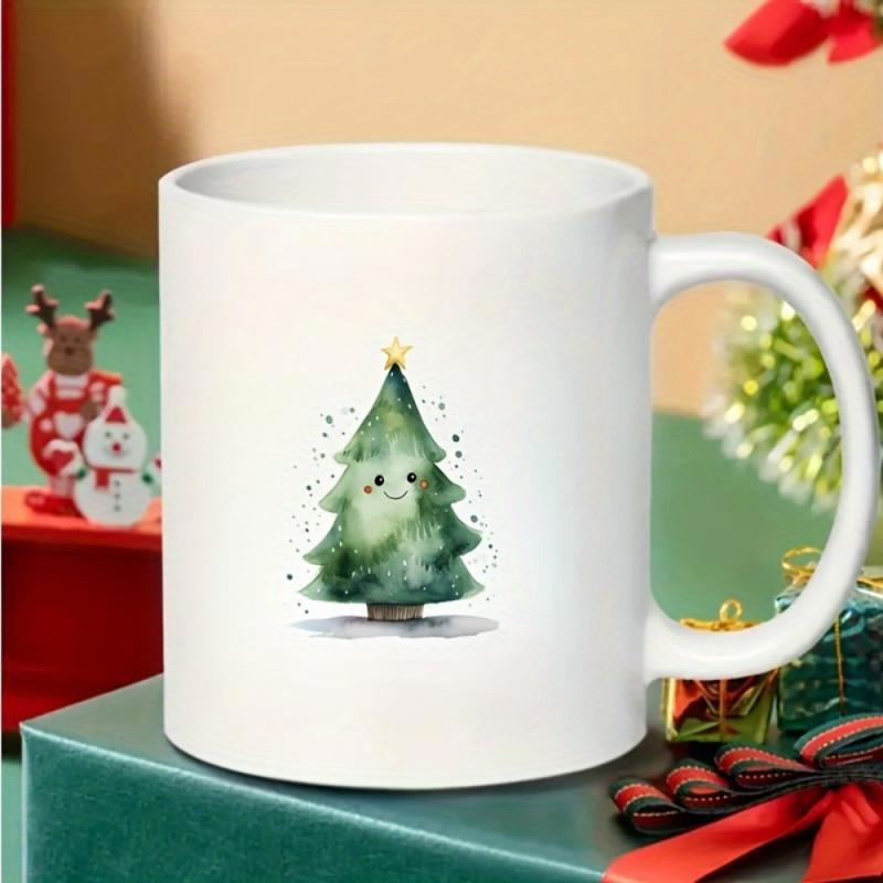 Tailorly White Ceramic 11 oz Mug - Cute Watercolor Holiday Greenery Featuring Smiling Face And Festive Golden Star Tree