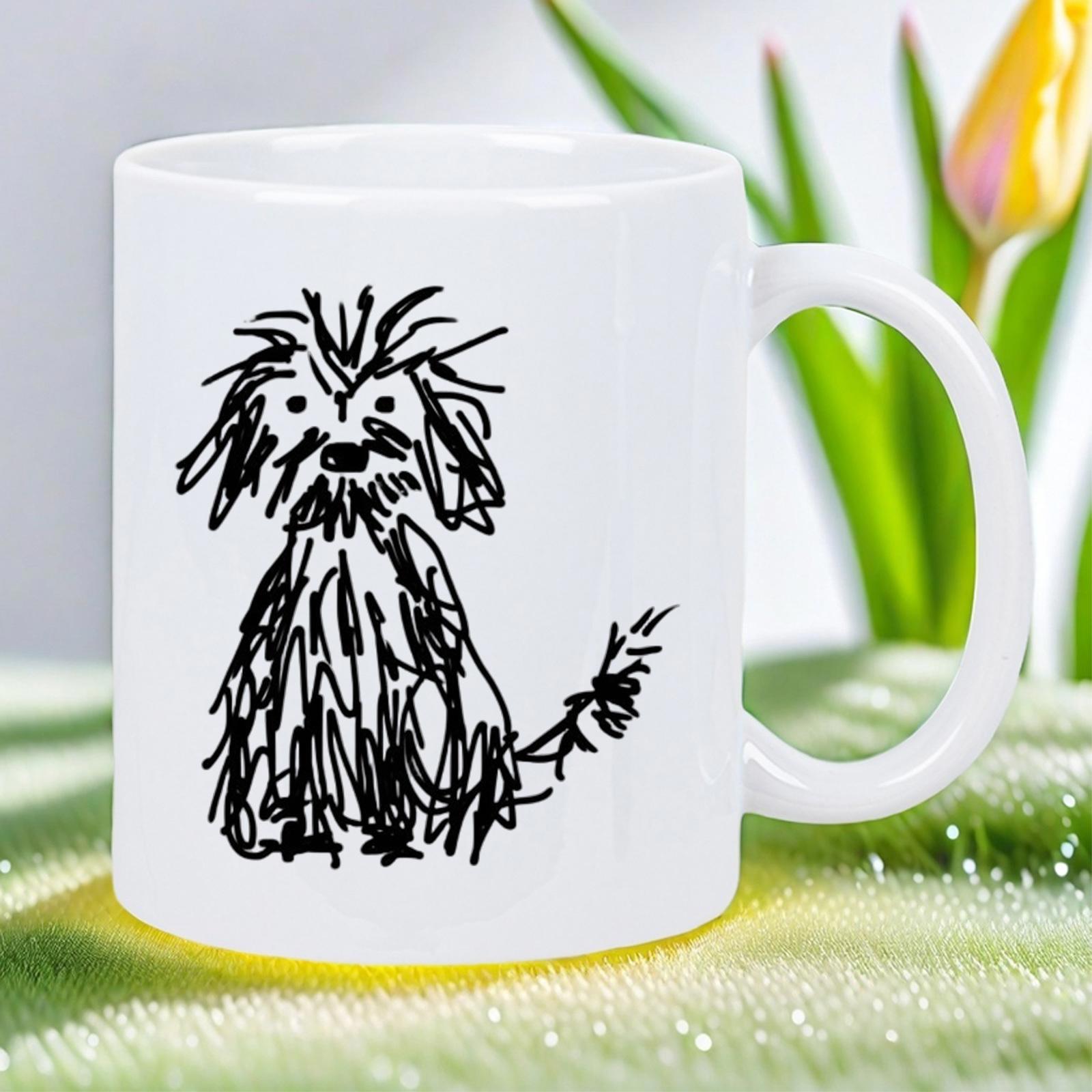 Tailorly White Ceramic 11 oz Mug - Hand Drawn Black Ink Scribble Style Sitting Shaggy Messy Furry Dog