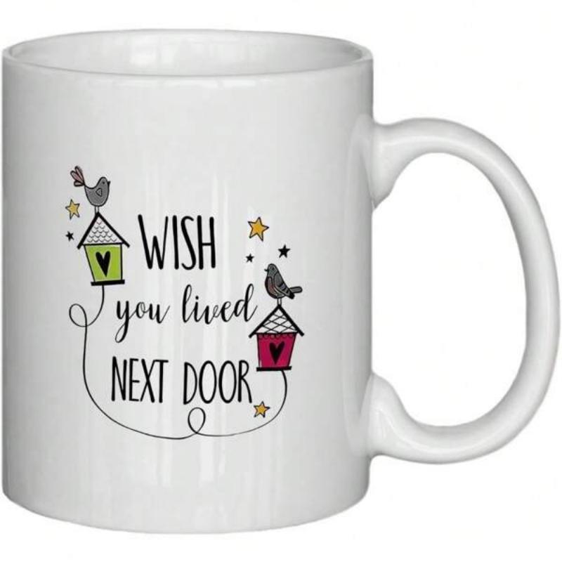 Tailorly White Ceramic 11 oz Mug - Wish You Lived Next Door Colorful Birdhouses With Small Songbirds And Golden Stars Decorative Mug