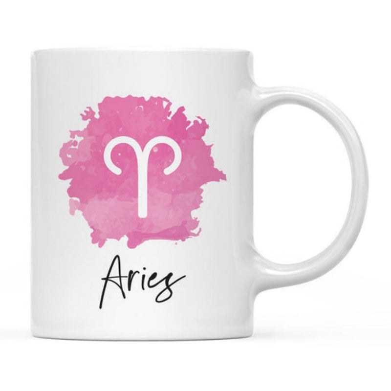 Tailorly White Ceramic 11 oz Mug - Aries Pink Watercolor Artistic Splash With A White Minimalist Astrology Symbol Aries