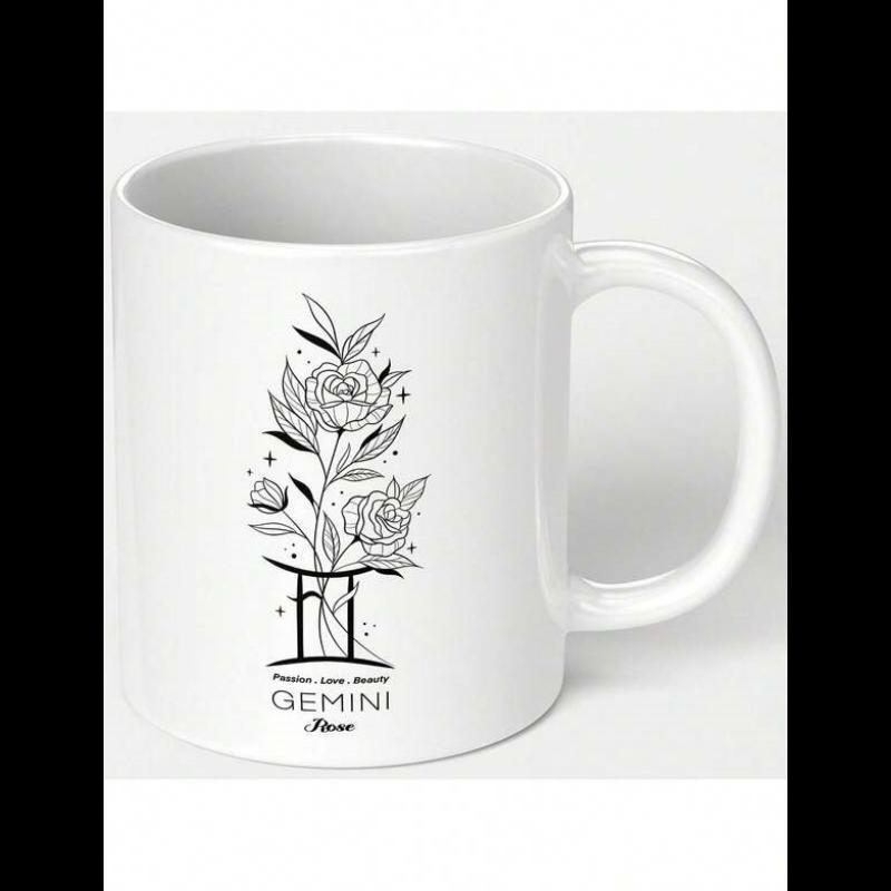 Tailorly White Ceramic 11 oz Mug - Gemini Minimalist Line Art Flowers Entwined With Celestial Zodiac Symbols And Radiant Blooming Rose