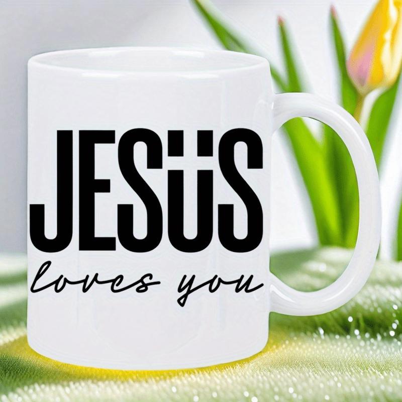 Tailorly White Ceramic 11 oz Mug - Jesus Loves You Bold Modern Typography Featuring A Creative Integrated Minimalist Spiritual Style Cross