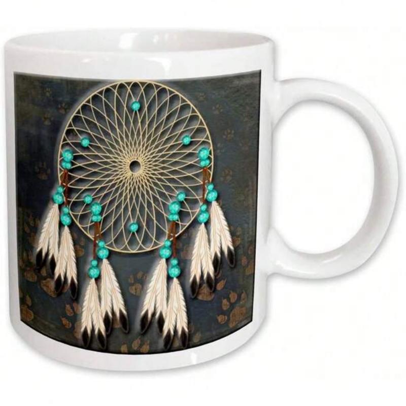 Tailorly White Ceramic 11 oz Mug - Intricate Woven Native American Web With Feathers And Turquoise Beads Hanging Dreamcatcher
