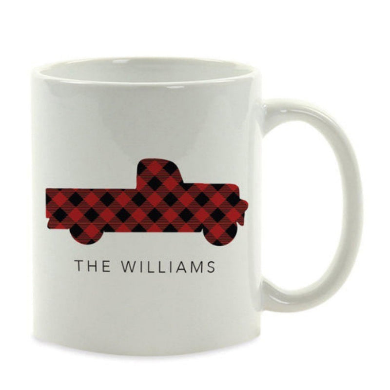 Tailorly White Ceramic 11 oz Mug - The Williams Vintage Pickup Truck Silhouette Featuring Red And Black Buffalo Plaid Pattern Truck