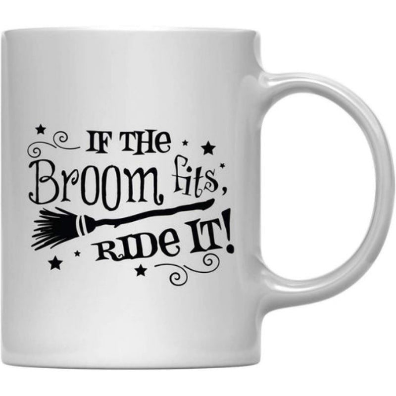 Tailorly White Ceramic 11 oz Mug - If The Broom Fits Ride It Classic Witch Broomstick Silhouette Surrounded By Scattered Twinkling Stars And Decorative Swirls