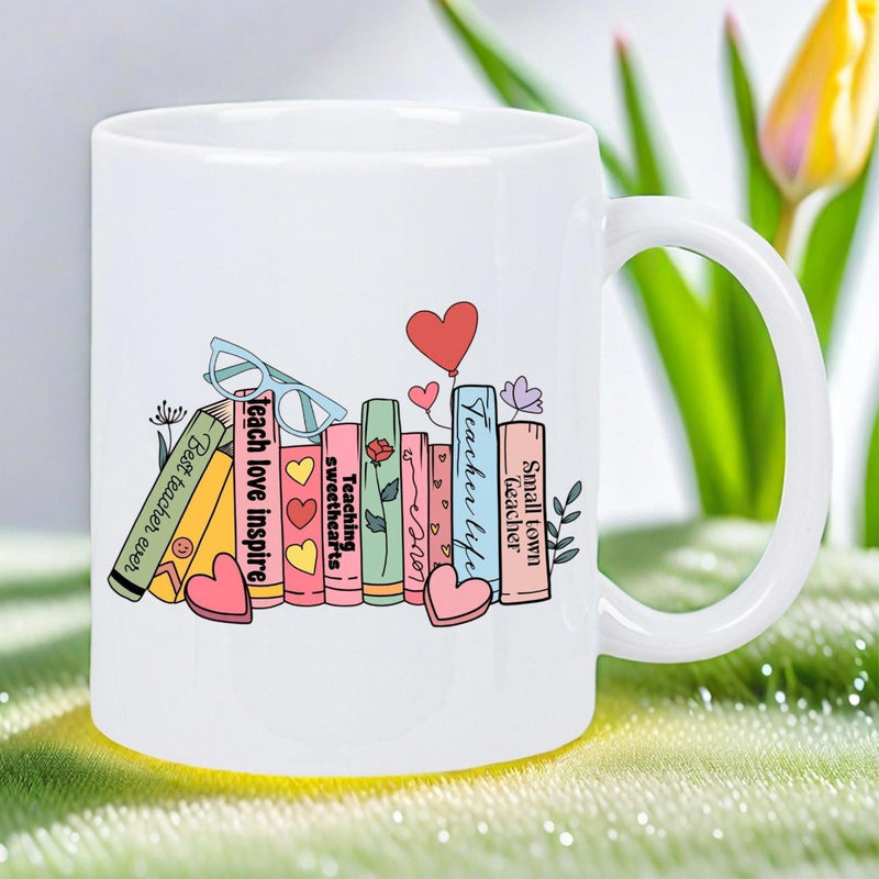 Tailorly White Ceramic 11 oz Mug - Teach Love Inspire Teacher Life Colorful Stack Of Illustrated Educational Books With Floating Hearts And Glasses Books