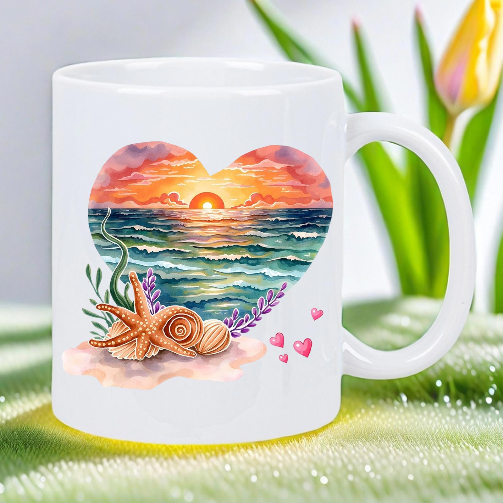 Tailorly White Ceramic 11 oz Mug - Vibrant Watercolor Heart Sunset Over Rippling Waves With Starfish And Seashells Heart