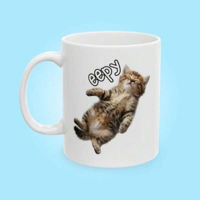 Tailorly White Ceramic 11 oz Mug - Eepy Tiny Fluffy Tabby Kitten Resting Comfortably On Its Back Looking Adorable Cat