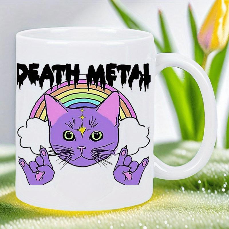 Tailorly White Ceramic 11 oz Mug - Death Metal Vibrant Purple Feline With Rainbow And Clouds Making Metal Hand Signs Cat