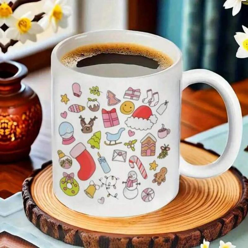 Tailorly White Ceramic 11 oz Mug - Festive Christmas Doodles On Holding Warm Morning Coffee Mug