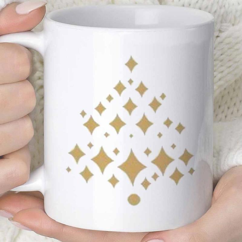 Tailorly White Ceramic 11 oz Mug - Minimalist Golden Geometric Sparkles Forming A Festive Holiday Pine Tree