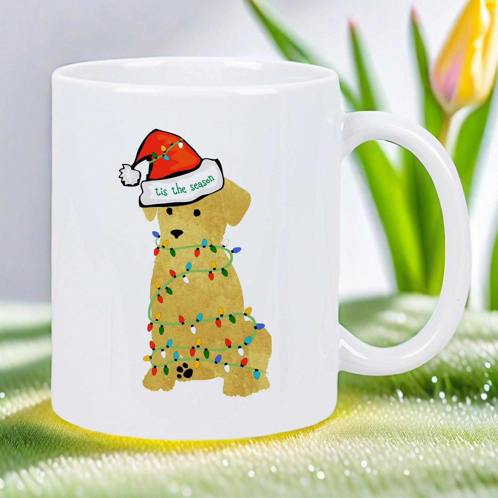 Tailorly White Ceramic 11 oz Mug - 'Tis The Season Golden Retriever Wearing Santa Hat Wrapped In Colorful Christmas Lights Dog