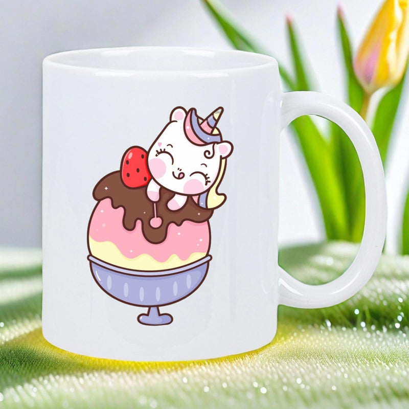 Tailorly White Ceramic 11 oz Mug - Smiling Cartoon Creature Resting On Top Of Strawberry Chocolate Sundae Unicorn