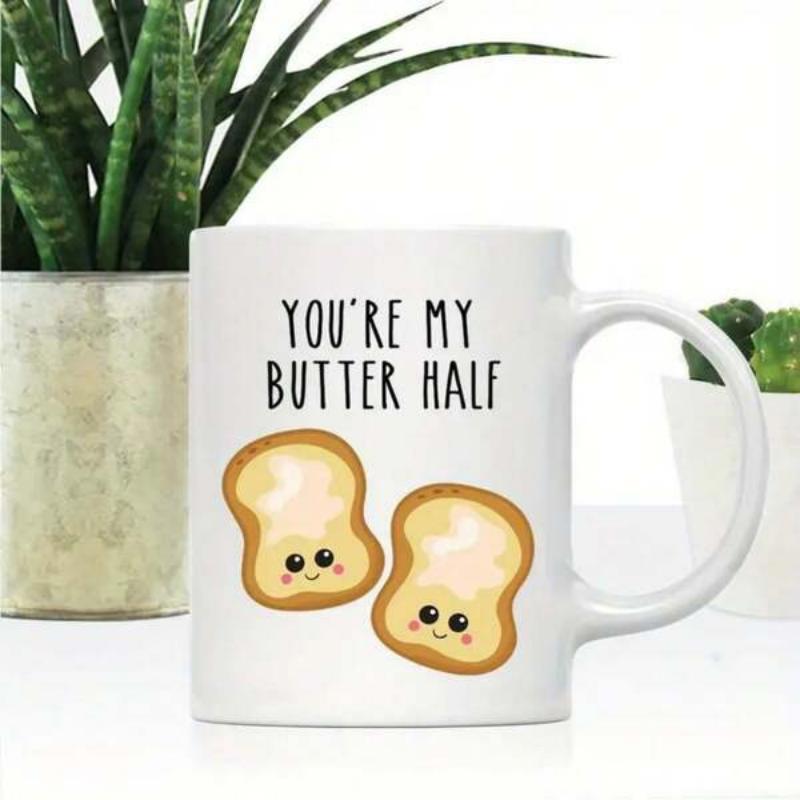 Tailorly White Ceramic 11 oz Mug - Youre My Butter Half Two Cute Smiling Cartoon Bread Slices With Melting Yellow Butter Toast
